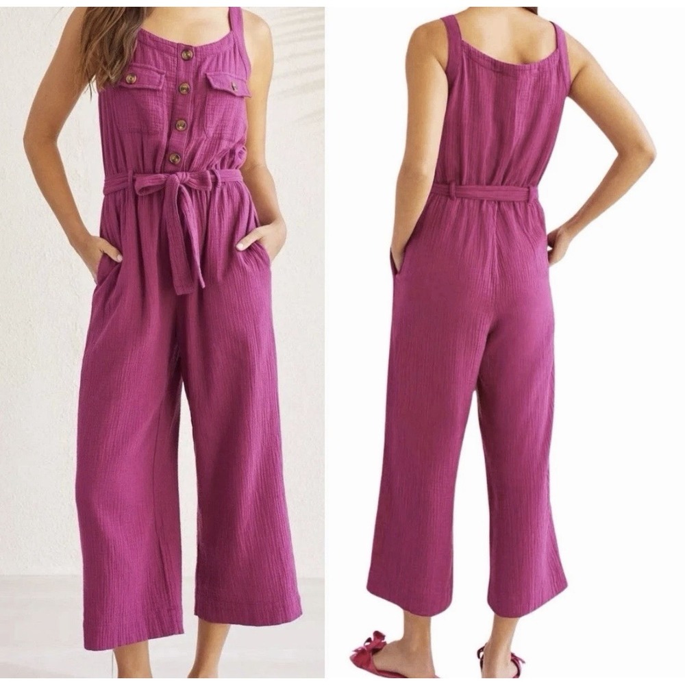 Tribal Cotton Gauze Wide Leg Jumpsuit 2X Pockets Muslin Belted Crop Boho Granola